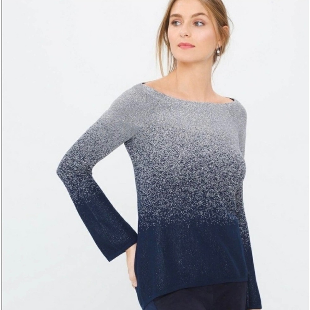 White House Black Market Ombre Metallic Bell Sleeve Sweater Blue Silver XS